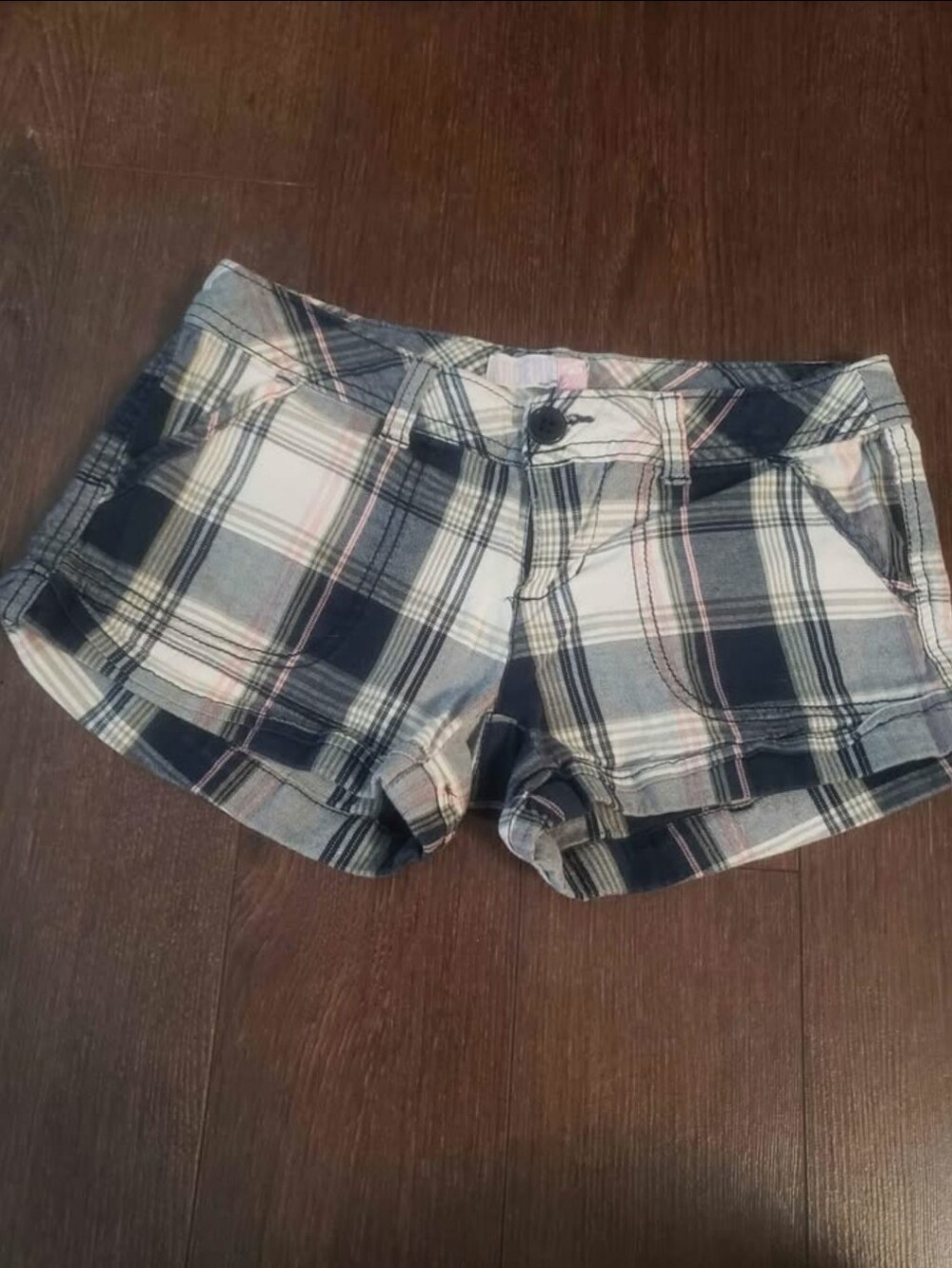 Ardene Plaid Jean Shorts - Navy, White & Pink